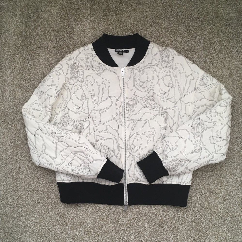 DKNY Embroidered Rose Silk Bomber Jacket